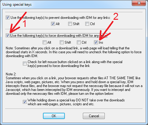 Selecting key combination to force downloading with IDM